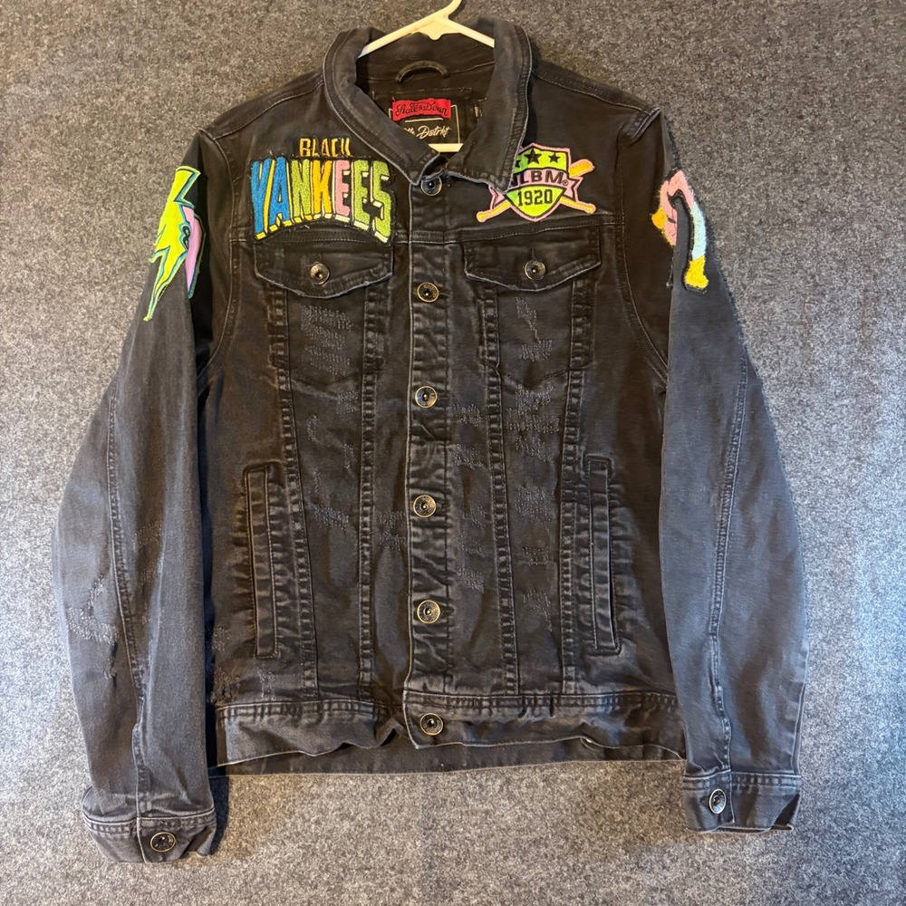 Stall & Dean 8th District Black Yankees NLBM Distressed Denim Jacket Mens L